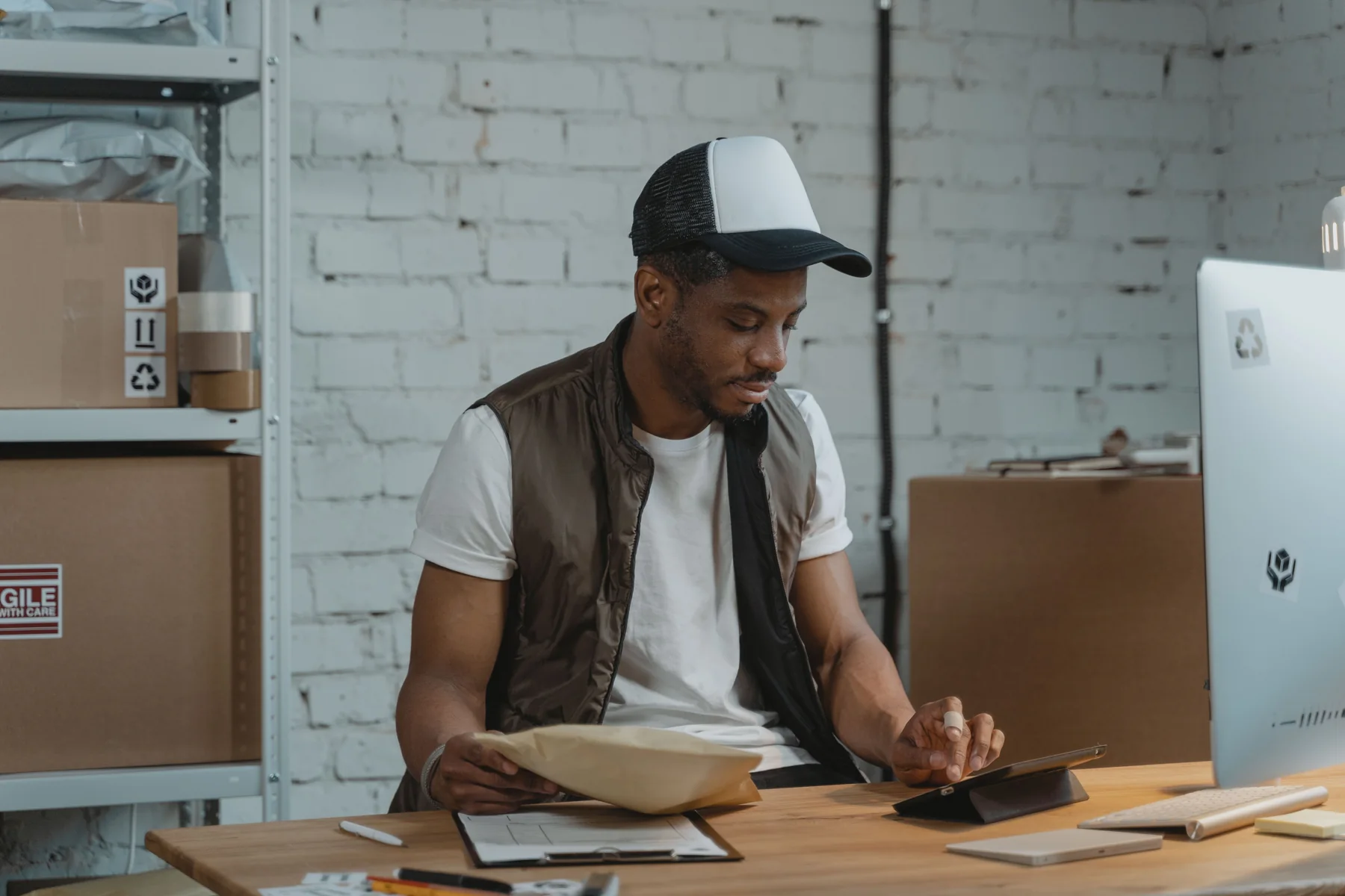 Ecommerce operator working among inventory and shipping boxes in an operations workspace